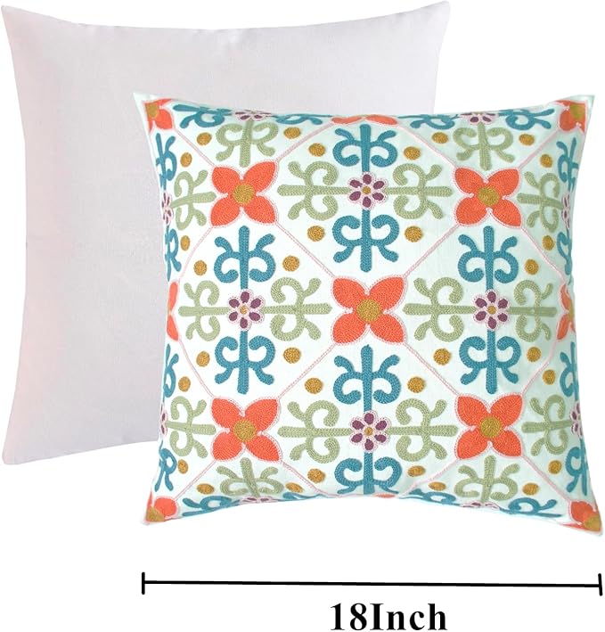 Embroidered Decorative Throw Pillow Cover, 18"x18" Set of 2, Farmhouse Pillowcase Colorful Flower Knit Pattern Cotton Canvas Cushion Case Square Floral Pillow Case for Sofa Couch Bed Living Room