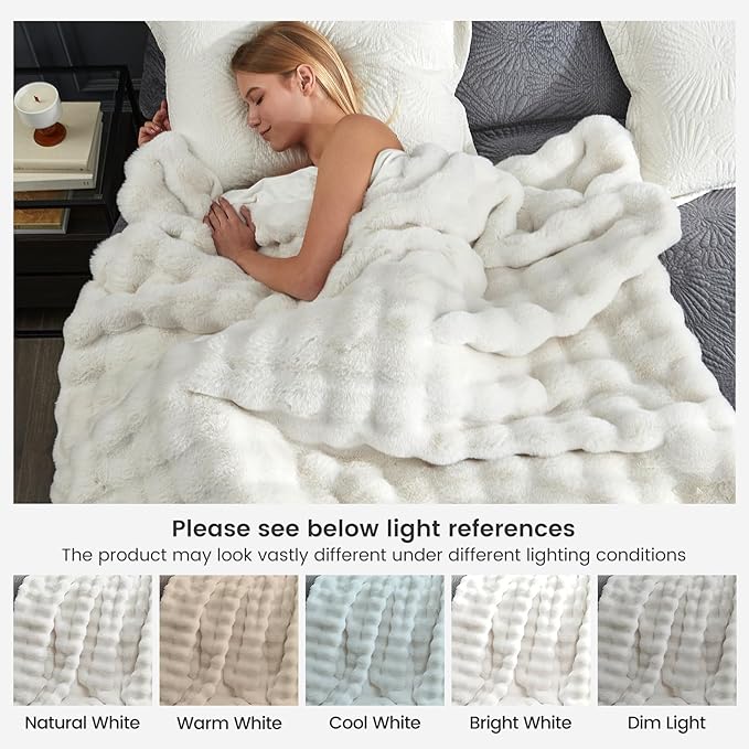 Cozy Bliss Faux Fur Throw Blanket for Couch, Fuzzy Soft Plush Thick Bubble Blanket for Sofa Bedroom Living Room, 108 * 90 Inches Cream White