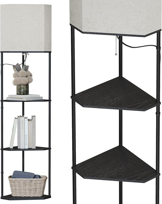 SUNMORY Sector Corner Shelf Lamp 3 Color Temperatures LED Bulb,Corner Lamps with Linen Lampshade, Floor Lamps for Living Room, Bedroom, Study, Black Standing Lamp with Shelves