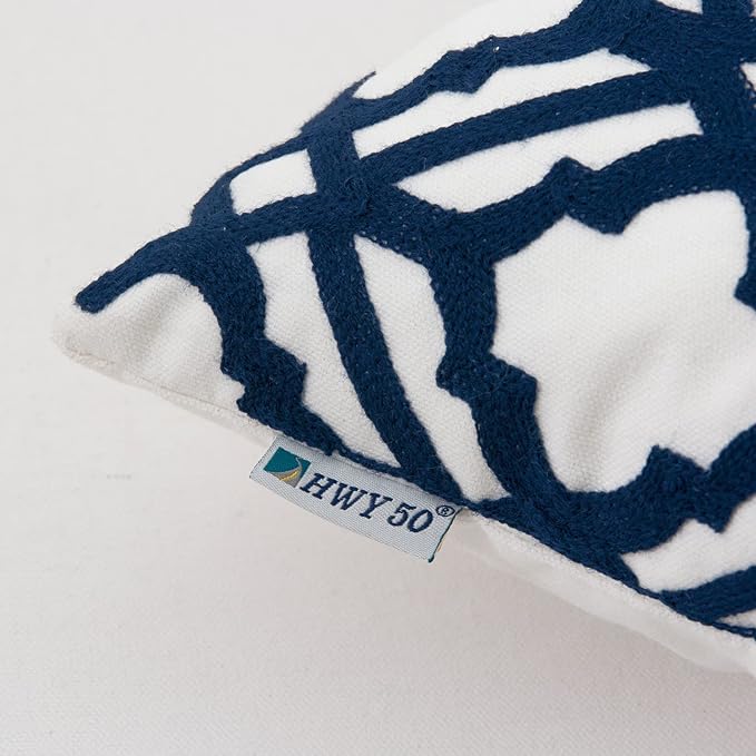 HWY 50 Dark Blue Decorative Throw Pillow Covers 18x18 Inch, Pack of 2 Embroidered Cotton Farmhouse Cushion Cover Pillow Case for Sofa Couch Living Room Bed Bedroon, Trellis