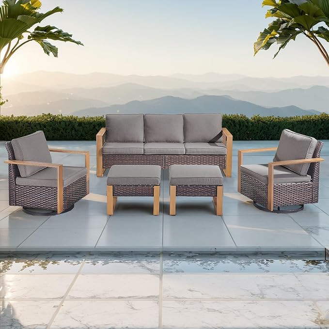 Outdoor Wicker Patio Furniture Set - 5 Piece Patio Conversation Set with 2 Wicker Swivel Rocker Chairs,2 Rattan Ottoman and 1 Couch,Thick Cushions,Deep Seating,Wide Armrest(Brown/Grey)