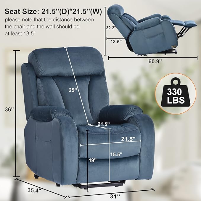 Power Lift Chair Recliners for Elderly, Modern Adult Power Lift Recliner, Velvet Upholstery Electric Lift Chair Recliner with Remote Side Pocket for Living Room(Navy Blue)