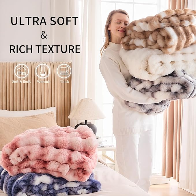 Cozy Faux Fur Throw Blanket for Couch-Warm Fuzzy Throw Blanket, Soft Plush Thick Bubble Blankets for Bedroom and Living Room, Furry Luxury Blanket, 50 x 60, Tie-Dye Brown