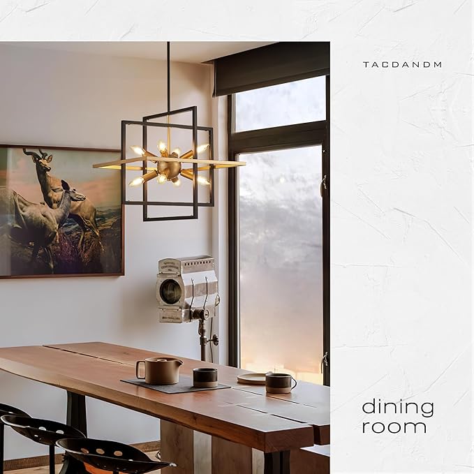 18.9'' Black Gold 8-Light Sputnik Chandelier Modern Industrial Adjustable Hanging Geometric Pendant Light Fixture for Entryway Foyer Stairway Hallway Bedroom Living Room Kitchen Island