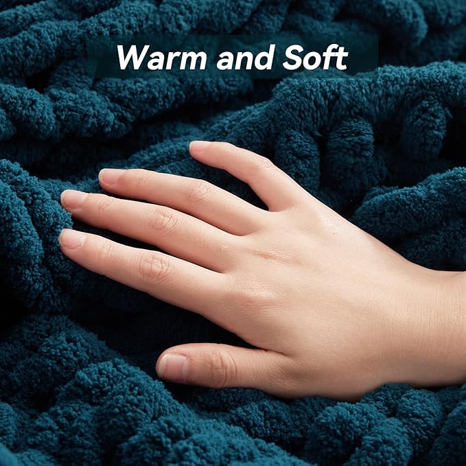 Chunky Knit Throw Blanket, 60''*80'' Knitted Throw Chenille Yarn for Bed Couch, Handmade Peacock Blue Crochet Big Thick Blanket, Machine Washable Cute Comfy Blanket for Home Decor