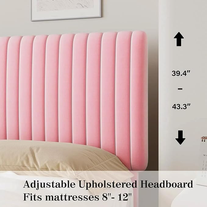 King Size Bed Frame with Headboard, Velvet Upholstered Platform Bed with Vertical Channel Tufted Design, No Box Spring Required, Easy Assembly, Pink