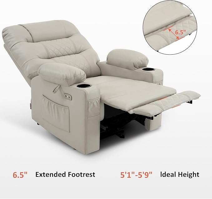 MCombo Zero Gravity Power Recliner Chair with Heat and Vibration Massage, Reclining Chair with USB Ports, Cup Holders for Living Room, Faux Leather PR621 (Light Grey)