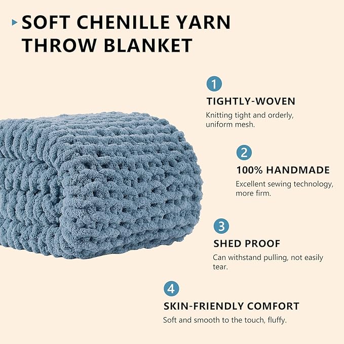 L'AGRATY Chunky Knit Blanket Throw: 72''x84'' Chenille Chunky Knitted Throw Blankets for Bed Couch - Handmade Thick Big Cable Knit Blanket - Large Crochet Rope Blankets for Home Decor(Airy Blue)