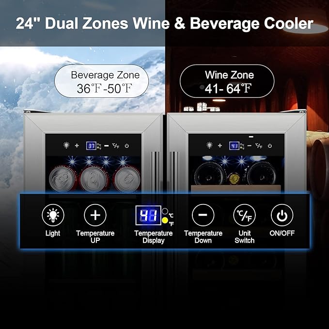 Tylza Wine and Beverage Refrigerator 24 Inch Dual Zone, French Door Wine and Beverage Cooler 24'' Built-In or Freestanding Drink Fridge, Under Counter Beer Refrigerator