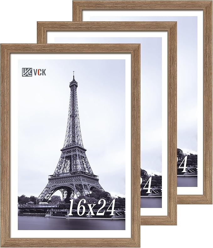 VCK 16x24 Frame 3 Pack - Brown Walnut, Natural Textured Solid Wood Poster Picture Frame, Wall Mounting Hanging