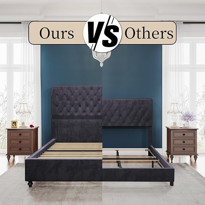 PaPaJet Bed Frame Queen Size Upholstered Platform Bed with 52.8'' Tall Sleigh Headboard, Button Tufted, No Box Spring Needed, Easy Assembly, Dark Grey