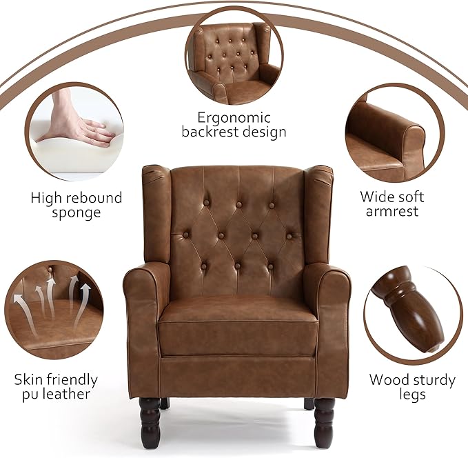 High Back Accent Chair,Upholstered Faux Leather Wingback Armchair with Solid Wood Legs for Small Spaces,Comfy Single Sofa Chair for Living Room,Bedroom,Office-Brown