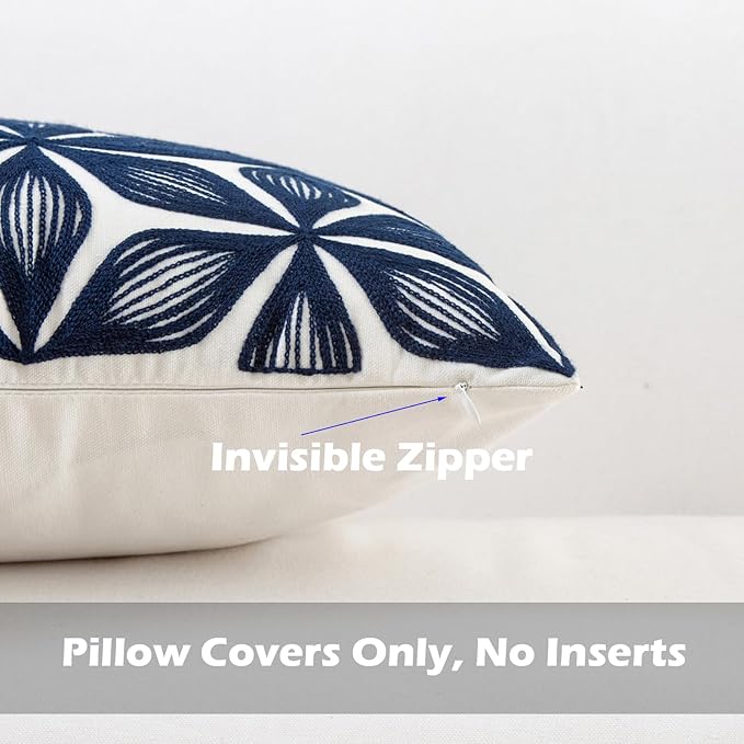 HWY 50 Navy Blue Decorative Throw Pillow Covers 18x18 Inch (1 Piece), Embroidered Cotton Farmhouse Cushion Cover Pillow Case for Sofa Couch Living Room Bed, Fashion Geometric