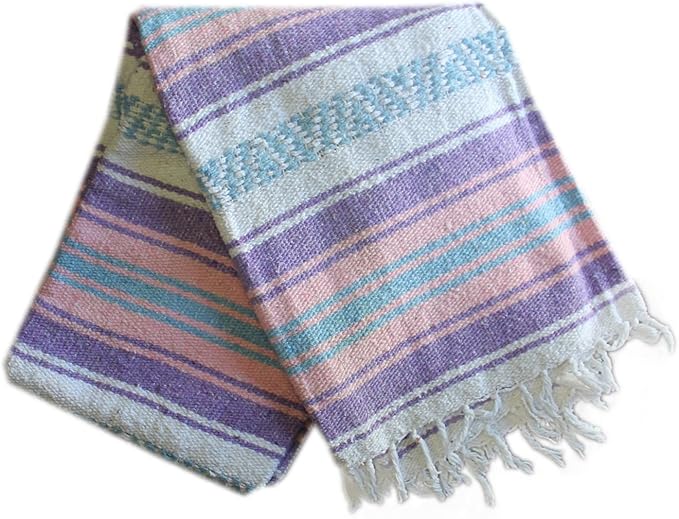 Del Mex Classic Mexican Blanket, Large Authentic Woven Falsa Throw (70"x50"), Artisan Southwest Décor for Beach, Yoga, Outdoors (Lavender/Pink)