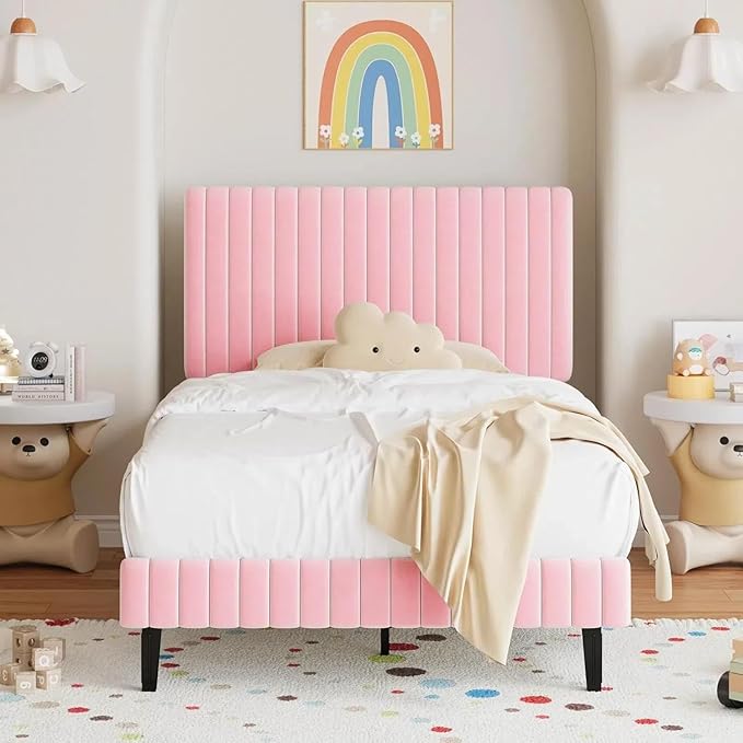 Twin Size Bed Frame, Velvet Upholstered Platform Bed with Vertical Channel Tufted Headboard and Footboard, No Box Spring Required, Easy Assembly, Pink