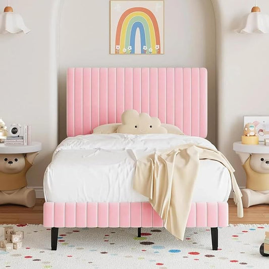 Twin Size Bed Frame, Velvet Upholstered Platform Bed with Vertical Channel Tufted Headboard and Footboard, No Box Spring Required, Easy Assembly, Pink