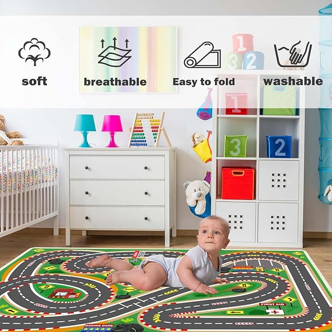 Kids Rug Play Mat Playroom Rugs Car Rugs for Kids Toy Cars Race Track for Classroom Rug(Race-Green, 6.6x9.9ft)