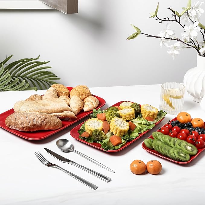 Vicrays Ceramic Rectangle Serving Platters - 14" 12" 10" Porcelain Serving Trays Plates for Party BBQ Appetizers Sushi Dessert - Microwave Oven and Dishwasher Safe - Set of 3 Red