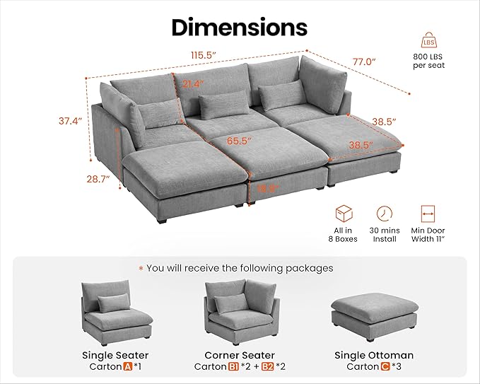 Oversized Modular Sofa, Extra Deep Cloud Chenille Sectional Couch with Ottoman Chaise, Fluffy Chenille 6 Seater Couch Bed for Living Room, Villa (Sofa Bed 6 Seater, Chenille Grey)