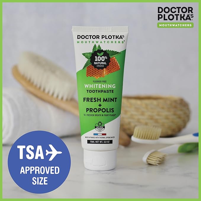 MOUTHWATCHERS Whitening Fluoride Free Naturally Sourced Toothpaste, 4 Tubes, 3 oz Each, for Sensitive Teeth and Gums, Fresh Organic Mint and Propolis, by Dr. Plotka's
