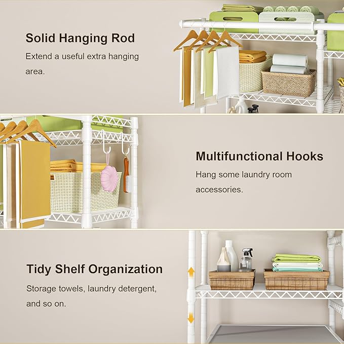 Ulif U13 Over Washer and Dryer Storage Shelves, 6 Tiers Laundry Room Standing Shelf with 2 Hanger Rods, Space Saver Clothes Drying Rack, 63.4" W x 22" D x 77.4" H, White