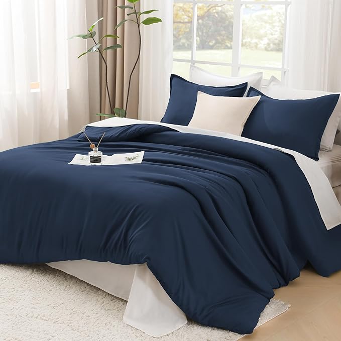 Litanika Navy Blue Oversized King Comforters Super King Size, 3 Pieces Lightweight Solid Bedding Comforter Set, All Season Fluffy Bed Set (120x120In Comforter & 2 Pillowcases)