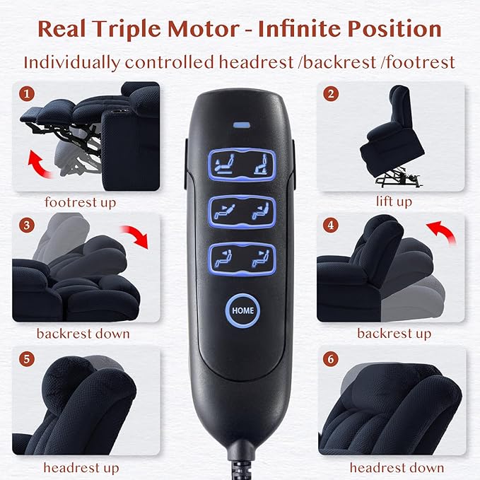 Three Motor Large-Wide Power Lift Chairs Recliners for Big and Tall Elderly, 180° Lay Flat Lift Chair, Infinite Position, Power Headrest, Heat & Vibration Massage (Plush Flannel, Navy Blue)