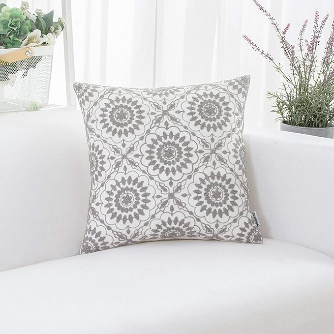 HWY 50 Gray Grey Decorative Throw Pillow Covers 18x18 Inch, Pack of 2 Embroidered Cotton Farmhouse Cushion Cover Pillow Case for Sofa Couch Living Room Bed Bedroon, Little Sunflower Design