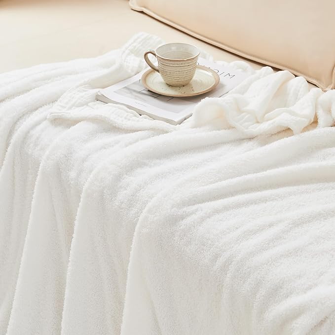 EMME White Throw Blanket Muslin and Fleece Blanket for Women Reversible - 50"*60" Soft & Cozy Warm Lightweight Small Blankets for Couch Bed Picnic Travel Bed