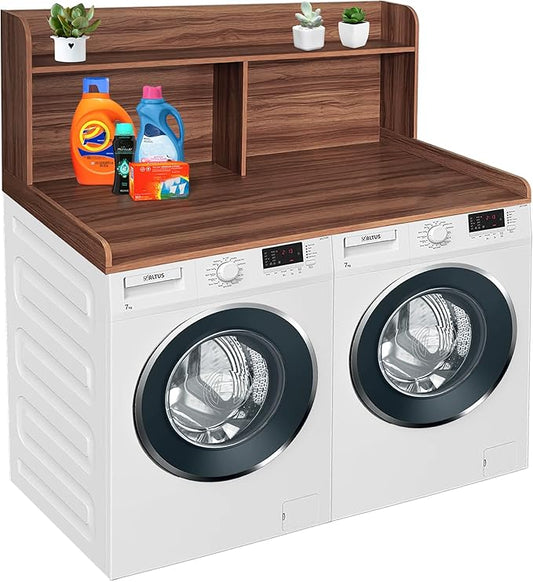 Royxen 2-Tier Washer Dryer Countertop,19.5" H Wood Washer and Dryer Topper with Shelf,Laundry Countertop Over Washer and Dryer, Universal Fit for Laundry Room Organization (Walunt, 54" WX27.5 D)