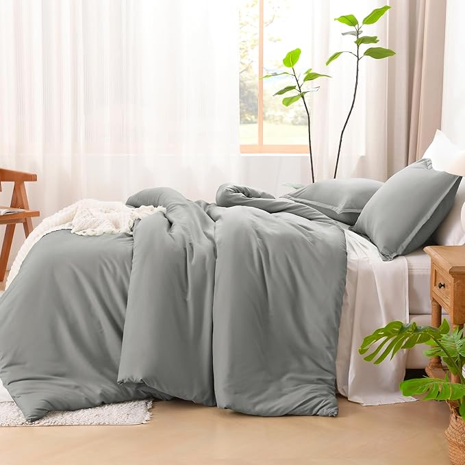 Litanika Comforters Medium Gray King Size, 3 Pieces Lightweight Solid Bedding Set & Collections, All Season Fluffy Bed Set (104x90In Comforter & 2 Pillowcases)