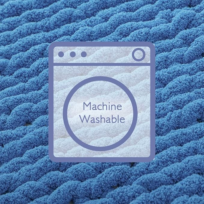 Bigacogo Chunky Knit Throw Blanket for Couch, 40x60 inches, 100% Hand Knitted with Thick Jumbo Chenille Yarn, Cozy Soft Large Rope Knot Cable Crochet Blankets for Sofa Bed Living Room, Bright Blue