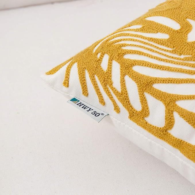 HWY 50 Yellow Decorative Throw Pillow Covers 18x18 Inch (1 Piece), Embroidered Cotton Farmhouse Cushion Cover Pillow Case for Sofa Couch Living Room Bed, Texture