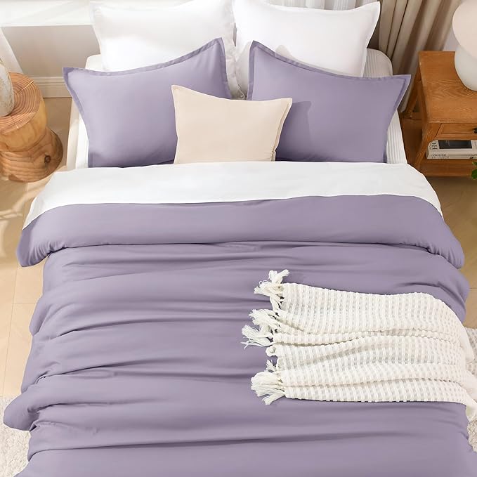 Litanika Grayish Lavender Purple Comforter Set Full Size, 3 Pieces Lightweight Solid Bedding Comforter Set, All Season Fluffy Bed Set (79x90In Comforter & 2 Pillowcases)
