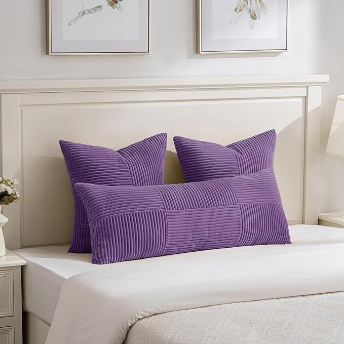 Fancy Homi 2 Packs Purple Big Decorative Throw Pillow Covers 24x24 Inch for Living Room Couch Bed, Farmhouse Boho Home Decor, Soft Corss Corduroy Patchwork Accent Square Cushion Case 60x60 cm