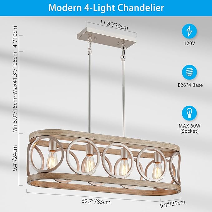 XINGQI Kitchen Island Chandelier for Dining Room Modern Farmhouse Rectangle Pendant Lighting Fixture Vintage Linear Hanging 4-Light Rustic Living Room, Antique Brushed Nickel and Wood Grain Finish