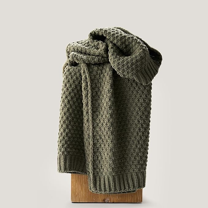 Chunky Chenille Knit Throw Blanket for Couch, Soft Luxurious Moss Stitch Blankets for Bed, Cozy Decorative Farmhouse Knitted Throws for Sofa, Olive Green, 60" x 80"