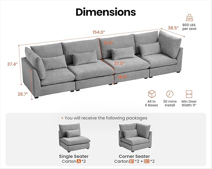 Oversized Modular Sofa, Extra Deep Cloud Chenille Sectional Couch with Ottoman Chaise, Fluffy Chenille 4 Seater Sofa for Living Room, Villa (Basic 4 Seater, Chenille Grey)