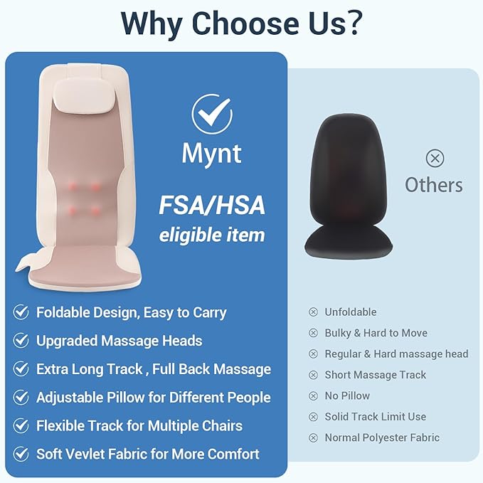 Mynt FSA HSA Eligible Foldable Back Massager, Chair Massager with Soothing Heat, Flexible Massage Chair Pad with Soft S-Curve Longer Track Adjustable Pillow for Diverse Body Contours, FSA/HSA Approved