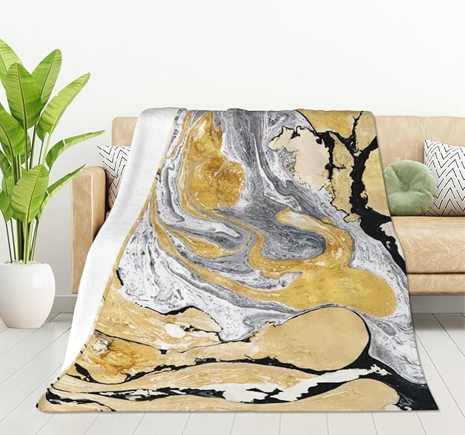 HGOD DESIGNS Gold Golden and Silver Marble Ink Abstract Painting Flannel Fleece Bed Blanket Throw Blanket Lightweight Cozy Plush Blanket for Bedroom Living Rooms Sofa Couch 50"x60"