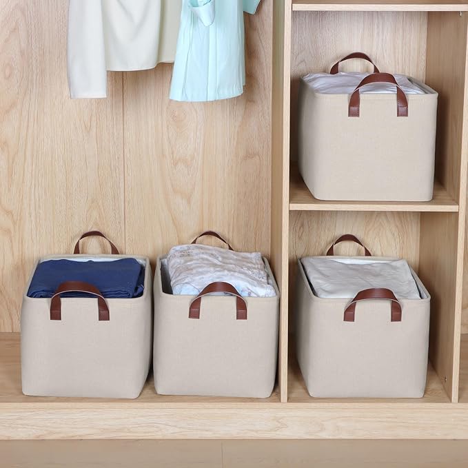 KEEGH Storage Baskets for Organizing, Fabric Storage Bins for Shelves with Leather Handle, Shelf Baskets for Closet Organization Closet Organizer Bins for Clothes, 15" L x 11" W x 10" H, Beige, 4 Pack