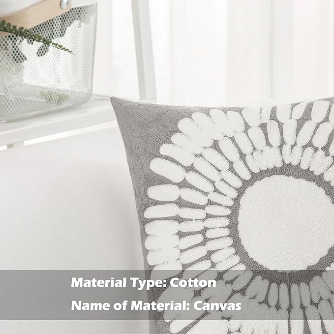 HWY 50 Grey Gray Decorative Throw Pillow Covers 18x18 Inch (1 Piece), Modern Embroidered Cotton Farmhouse Cushion Cover Pillow Case for Couch Living Room Bed Sofa, Sunflower