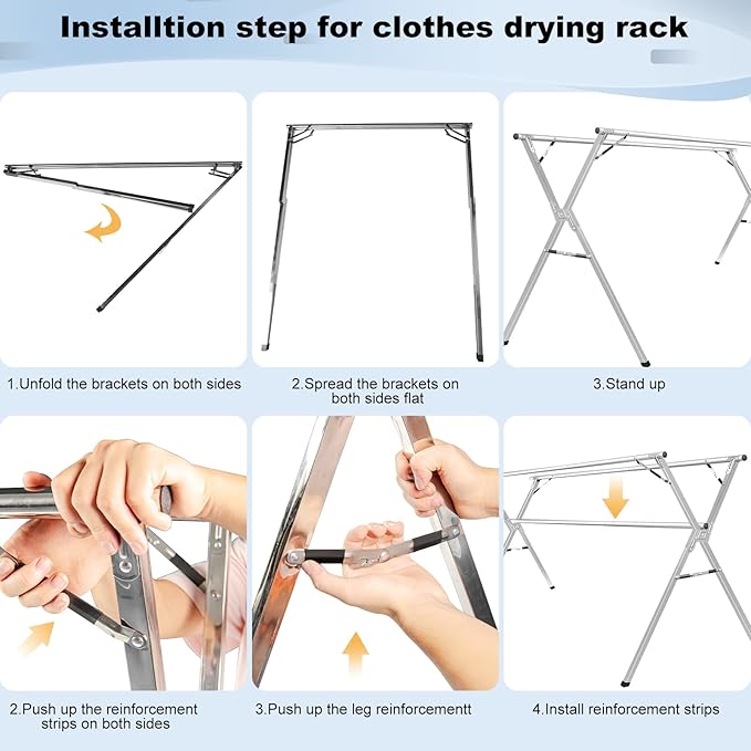 Sillars Clothes Drying Rack, 63 inches Laundry Drying Rack Clothing Foldable & Collapsible Stainless Steel Heavy Duty Clothing Drying Rack with Windproof Hooks for Indoor Outdoor