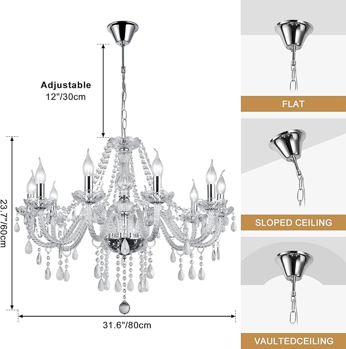 Modern Elegant 10 Lights K9 Crystal Glass Chandelier Silver Pendant Ceiling Lighting European Style for Dining Living Room Bedroom Transparent, 10 E12 Bulbs Required