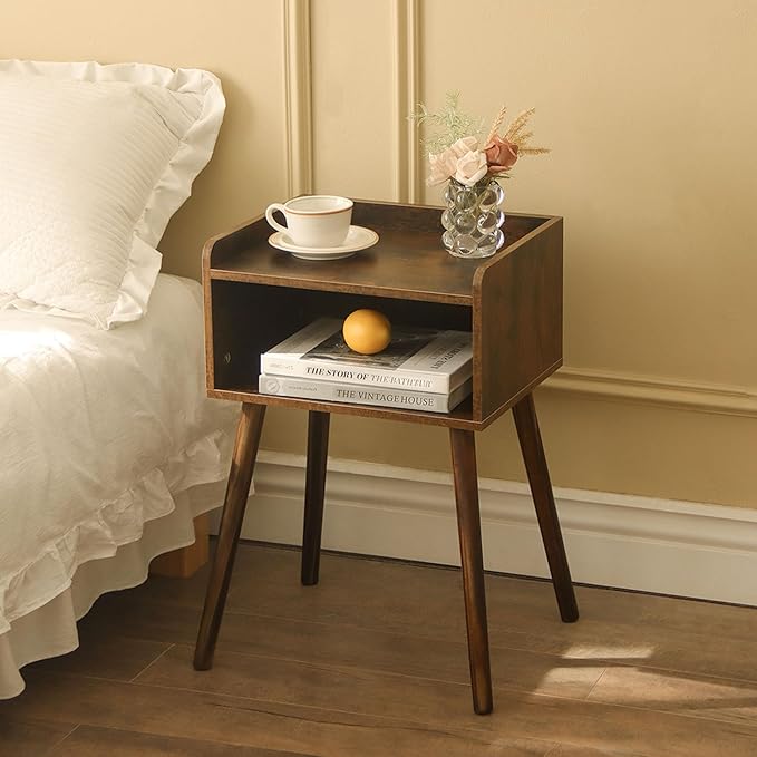 MaxSmeo Night Stand Set 2, Mid Century Modern Side Table Bedroom with Storage, Small End Bedside Table Set of 2 with Solid Wood Legs for Living Room, Office Small Spaces (Rustic Brown)