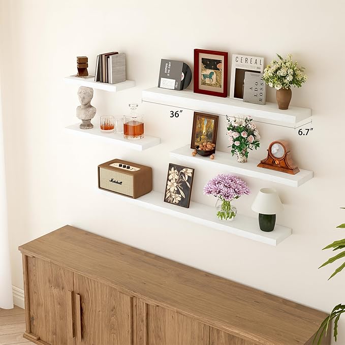 BGMG Wood Floating Shelves 36 inch Long, Wide Rustic Wooden Wall Shelves for Bathroom Living Room Bedroom Kitchen Farmhouse Set of 2-36x6.7x1.25 inch-White