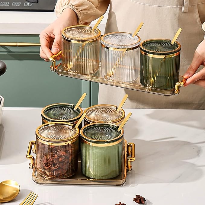 Acrylic Condiment Spice Jars,Condiment Spice Box With Lids and Spoons and Tray,Clear Plastic Condiment Canisters,Seasoning Box 4 Pack,Seasoning Box Set for Kitchen to Storage Salt,Paprika,Sugar