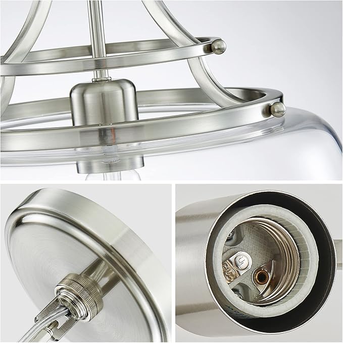 WUZUPS Chandelier Rustic Farmhouse Industrial Round Ceiling Pendant LED Light Fixture with Clear Glass Shades for Dining Room Kitchen Island Foyer Entryway, H 17" x W 13.4", E26 Base, Brushed Nickel