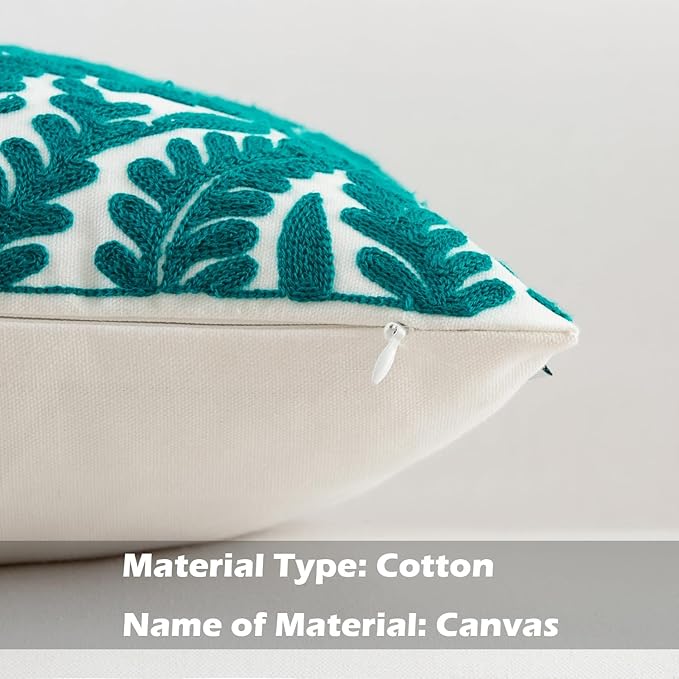 HWY 50 Teal Decorative Throw Pillow Covers 18x18 Inch (1 Piece), Embroidered Cotton Farmhouse Cushion Cover Pillow Case for Sofa Couch Living Room Bed Bedroon, Floral Branches