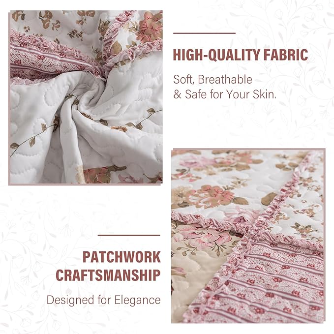 NEWLAKE Quilt Set Queen Size, Bedspread Sets Pink Botanical Floral, Reversible Quilt Bedding Set Lightweight and Breathable for All Seasons, Soft Quilted Bedspread with 2 Pillow Shams